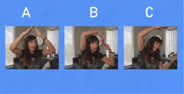 a collage of a woman with her hands up and Teaching to pose for AI